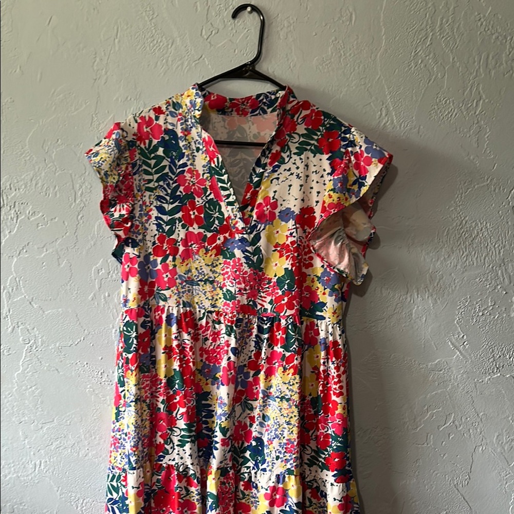 Red and Pink Flutter Sleeve V-Neck Sundress